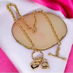 Juicy Couture Gold Chain Necklace with Heart and Lock Charms Lovecore Americana